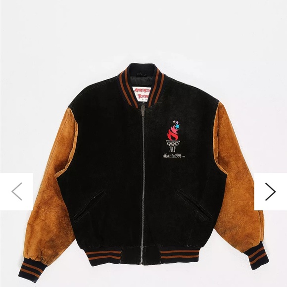 Vintage- Atlanta Olympic Games 1996 Suede Jacket -Black and Tan Bomber Jacket - Picture 1 of 16